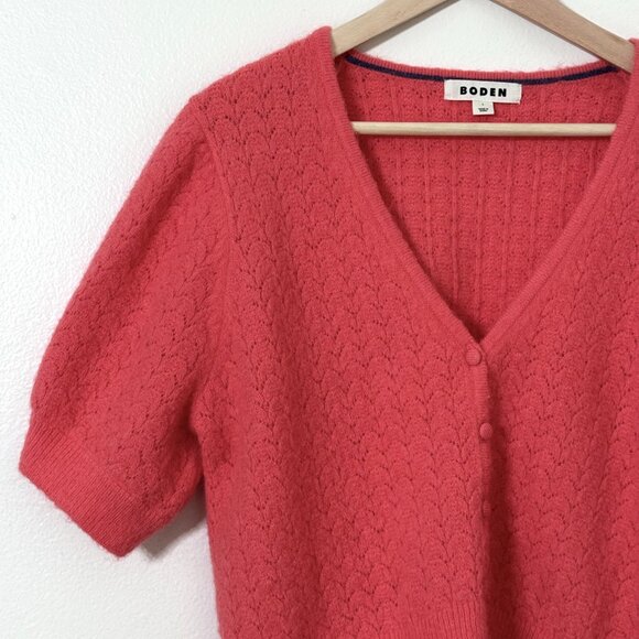 Boden Cropped Wool Mohair Coral Pink Cardigan Knit Sweater Short Sleeve - Picture 3 of 11